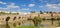 Panorama of the historic roman bridge and Alcazaba at the Guadiana river in Merida