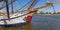 Panorama of historic sailing ships on the IJssel river in Kampen