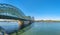 Panorama of the Hohenzollern bridge over Rhine river on a sunny day. Beautiful cityscape of Cologne, Germany with cathedral
