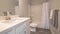 Panorama Home bathroom interior with dark gray tile floor and light gray wall