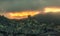 Panorama, horizontal eerie burning view of Crimean mountains wit