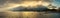 Panorama, horizontal view of bay, beach, Crimean mountains with