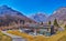 Panorama with hotel complex in Valle Verzasca, on March 27 in Frasco, Switzerland