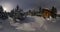 Panorama house Chalet during a snowfall in the trees winter fore