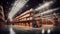 Panorama of huge distribution warehouse with high shelves with forklift at large warehouse. Generative Ai