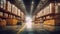 Panorama of huge distribution warehouse with high shelves with forklift at large warehouse. Generative Ai