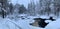 Panorama of an ice-covered river among a frozen taiga forest in a harsh winter