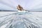 Panorama ice icicles on Ogoy island winter Lake Baikal. Siberia, Russia