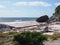 Panorama of idyllic sandy beach and caribbean lagoon at seaside landscape of Tulum city near archeological site, Mexico