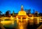 Panorama of the illuminated fountain before facade of Sforza\\\'s Castle in Milan, Italy