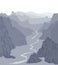 Panorama illustration. Landscape with huge grey mountains