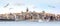 Panorama of Istanbul with Galata Tower at skyline and seagulls over the sea, wide landscape of Golden Horn, travel background for