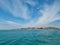 Panorama of Istanbul on the horizon from the ferry board and seagulls in the blue sky