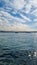 Panorama of Istanbul at skyline and seagulls over the sea. Wide landscape of Golden Horn