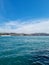 Panorama of Istanbul at skyline and seagulls over the sea. Wide landscape of Golden Horn