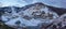 Panorama of Jigokudani hell valley wet wooden walking footpath trail