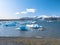 Panorama of Jokulsarlon glacier and icebergs floating in the lagoon