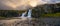 Panorama of Kirkjufellsfoss waterfall in West Iceland