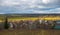 Panorama of Klin-Dmitrovsky ridge with villages in late autumn, Sergiev Posad district, Moscow region, Russia