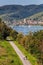 Panorama of Krems town with bikers next to Danube river in Wachau valley, Lower Austria, Austria