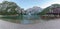 Panorama of Lake Braies beach, with the Croda del Becco in the background