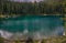 Panorama of Lake Carezza an alpine lake surrounded with tall pine forest in the Italian Dolomites