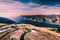 Panorama of Lake Garda seen from the top of Mount Baldo, Italy.