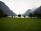 Panorama of lake Konigssee Koenigssee at St Bartholomew Bartholoma pilgrimage church Berchtesgaden Bavaria Germany alps