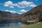 Panorama of lake of Kruth with pedalos ans beautiful cloudy sky