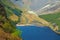 Panorama of Lake Lough Tay or The Guinness Lake. County Wicklow, Wicklow Mountains National Park, Ireland.