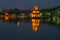 Panorama of lake of the Returned Sword in the twilight. The historical center of Hanoi, Vietnam