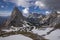 Panorama of lake Seebensee during spring with mountain peak Sonnenspitze and Zugspitze, Ehrwald Austria