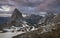 Panorama of lake Seebensee during sunset with mountain peak Sonnenspitze and Zugspitze, Ehrwald Austria