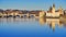 Panorama. Landmark attraction landscape in Prague: Charles Bridge - Karluv most - Vltava river - Czech Republic