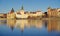 Panorama. Landmark attraction landscape in Prague. Historic Prague with Vltava River - Czech Republic