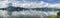 Panorama landscape photography, mountain, cloudscape, boats on l
