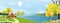Panorama landscape of spring village with green meadow on hills with blue sky, Vector Summer or Spring landscape, Panoramic