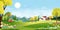 Panorama landscape of spring village with green meadow on hills and blue sky, Vector Summer or Spring landscape, Panoramic