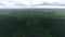 Panorama of landscape top of spruce forest. Cloudy weather. Drone collection