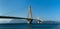 Panorama landscape view of the landmark Rio-Antirio Bridge across the Gulf of Corinth