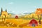 Panorama landscapes of countryside in autumn,Mid autumn with farm field, mountains, wild grass and leaves falling from trees with