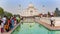 Panorama of large number of tourists visiting the Taj Mahal in Agra