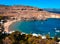 Panorama of Lindos bay from Acropolis.yachts are cruising arround