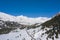 Panorama with lots of snow on Lukmanier in Ticino, on the Swiss Alps. Beautiful landscape, aerial point of view of mountains and