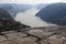 Panorama of Lysefjord Lysefjorden fjord canyon from Lysebotn in Norway on a cloudy day