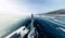 Panorama man stand on cracks on blue ice of Lake Baikal from Olkhon