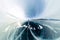 Panorama man stand on cracks on blue ice of Lake Baikal from Olkhon