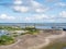 Panorama of marshland and harbour of artificial island Marker Wadden in Markermeer, Netherlands