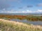 Panorama of marshland on manmade artificial island of Marker Wadden, Markermeer, Netherlands