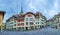 Panorama of Matte district with old townhouses and the spire of Nydeggkirche church in Bern, Switzerland